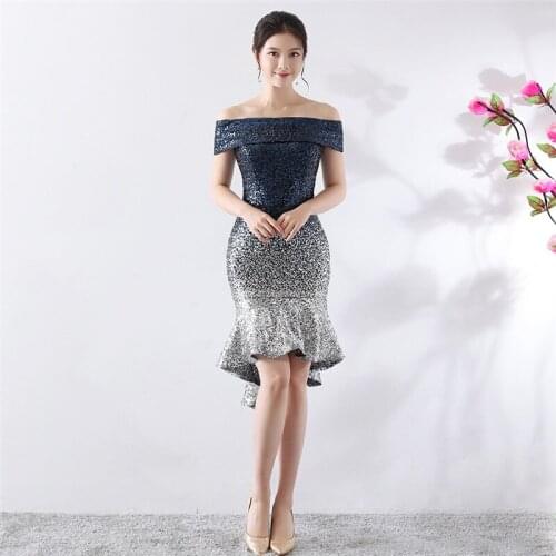 Corzzet Elegant Green Gradient Sequined Off Shoulder Sexy Slim Fishtail Above Knee Mermaid Party Dress Banquet Dresses