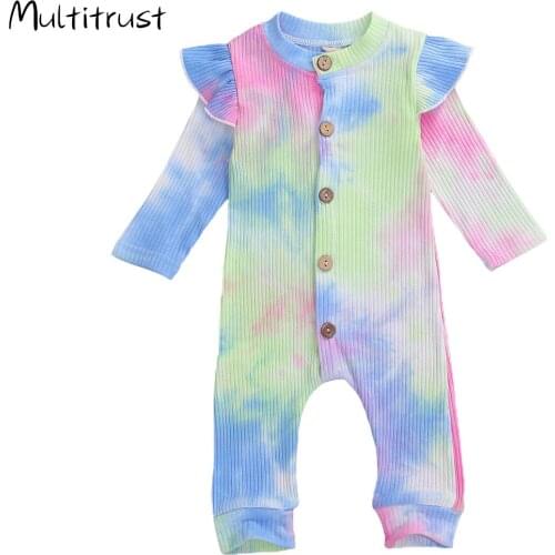 Baby Autumn Romper Newborn Baby Boys Girls Ribbed Knitted Ruffles Long Sleeve Button Romper Toddler Girls Tie Dyeing Jumpsuits