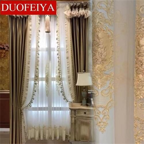 European Luxury Imitation Silk Curtains 3D Embossed Embroidery with Beads Luxury Tulle Curtain for Living Room Bedroom