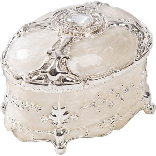 European Vintage Accents Oval Shaped Embossed Silver White Jeweled Metal Trinket Jeweled Box with Feet
