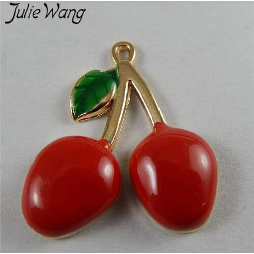 Julie Wang 5PCS Big Enamel Red Cherry Fruit Gold Tone Charms Pendant Earrings Findings DIY Jewelry Making Accessory Phone Decor
