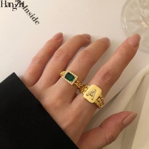 HangZhi New Green Zircon Crystal Square Rhinestones Gold Plated Copper Metal Chain Ring for Women Party Jewelry Wedding Bands