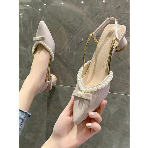 Summer new ladies sandals trend simple and elegant style pearl mid-heel Baotou pointed toe single shoes fashion