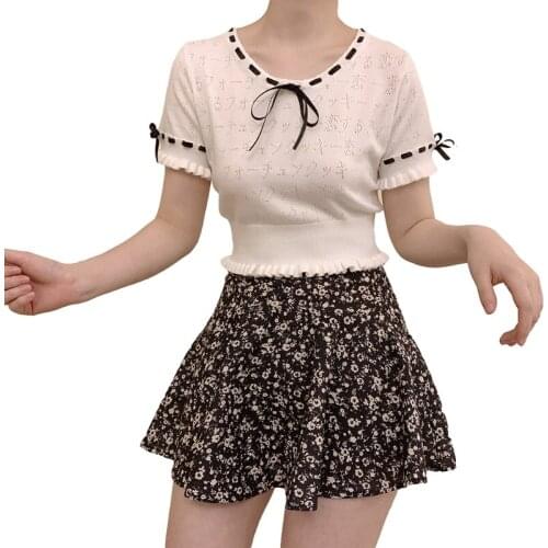 Summer Knitted Tops Women Vintage Hollow Candy Lace Up T Shirts Female Crop Top Girls Basic Casual Short Sleeve Pullover White