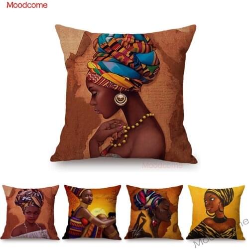 Fashion African Girl Lady Oil Painting Black Women Home Art Decoration Sofa Throw Pillow Case Cotton Linen Cushion Cover 45x45cm