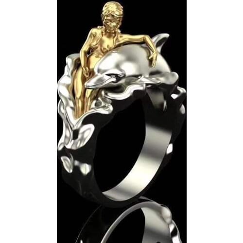 Fashion Two-tone Men Ring Beauty Smooth Body Engagement Silver Color Dolphin Love Wedding Rings for Women Punk Boho Jewelry