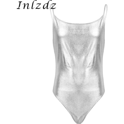 Mens Sexy Thong Bodysuit Patent Leather Shiny Metallic Spaghetti Strap Leotard Clubwear for Lingerie Night Stage Performance
