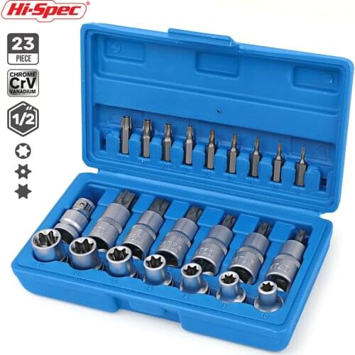 Hi-Spec 23pc Chrome Vanadium Steel Socket Set E Torx Bit Socket Adaptor Head Set For Ratchet Wrench Herramientas Car Repair Tool