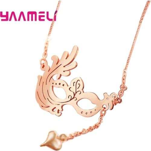Geometric Women Bridal Wedding Accessories 925 Sterling Silver Rose Gold Color Jewelry Necklace Long Chain Love Heart Pendant