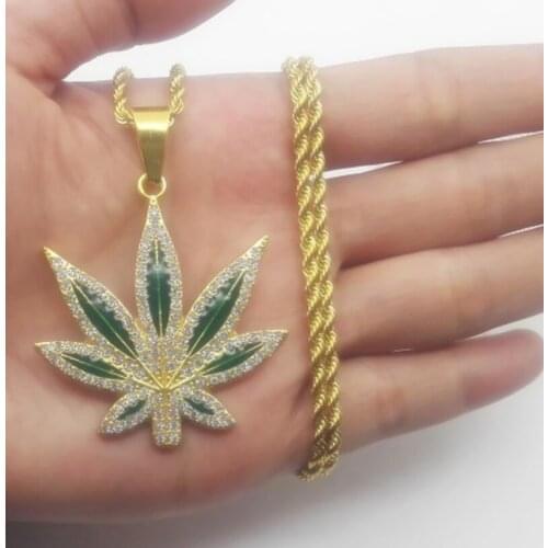 New Arrival Punk Fashion Hip Hop 18K Gold Enamel Leaf Diamond Pendant Necklace Chain Biker Jewelry