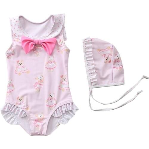 1~8Y Toddler Baby Girls Swimwear New 2021 swimsuit for girls Cute Bear Baby Swimwear Kids Beach wear Swimming suit with cap