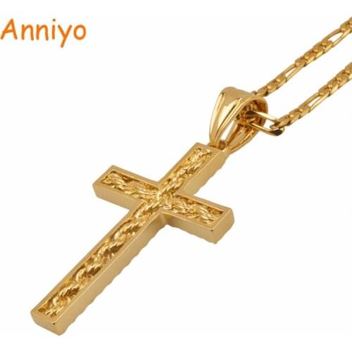 Anniyo Gold Color Cross Pendant Necklace for Women Charms Crosses Jewelry Men Christianity Crucifix Religious Gifts #065702
