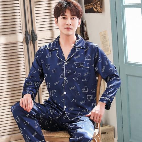 Pajama Set High Quality Silk Pajama for Men Sleep Tops Trousers Two Pieces Long Sleeved Sleepwear Satin Set Plus Size Pyjamas