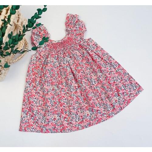 Infant Baby Dresses Kids Little Girls Smocked Floral Flower Print Dresses Summer Linen Clothings Toddler Girl Vintage Smock Dres