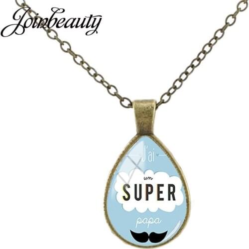 JOINBEAUTY Super Papa Fathers Day Gifts Necklace Vintage Simple Tear-Drop Glass Dome Pattern Pendant Necklace Accessories CT490