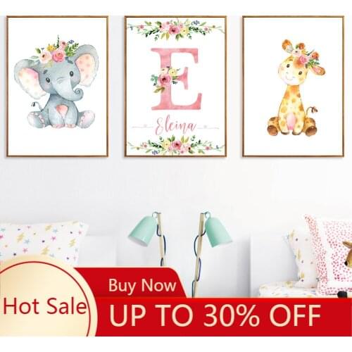 Nordic Poster Custom Name Posters And Prints Flowers Elephant Nursery Canvas Painting Wall Art Pictures For Baby Girl Room Decor