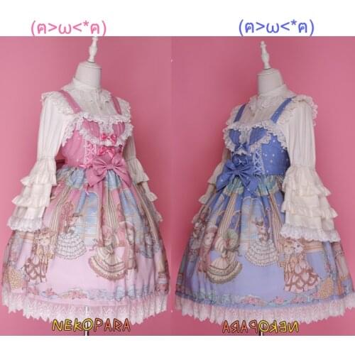 Palace Cat Party Rococo Style Womens Gorgerous JSK Lolita Dress Lace Trim Bows Sleeveless Cute One Piece Pink & Blue