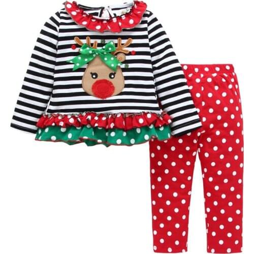 2PCS Christmas Girl Suit Tops+Pants Cotton Autumn Winter Children Elk Set Girls Clothing Full Sleeve O-Neck Print Cartoon