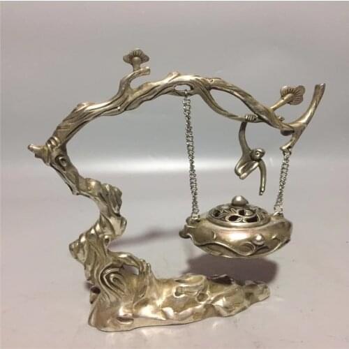 Chinese Tibetan Silver Carving Monkey Peach Buddhist Incense Burner Hanging Furnaces Bronze Carvings Blessing Longevity Gift