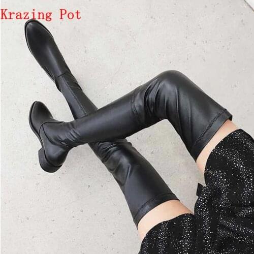 Krazing Pot 2020 genuine leather round toe stretch over-the-knee boots thick heels superstar wear thin leg thigh high boots L3f1