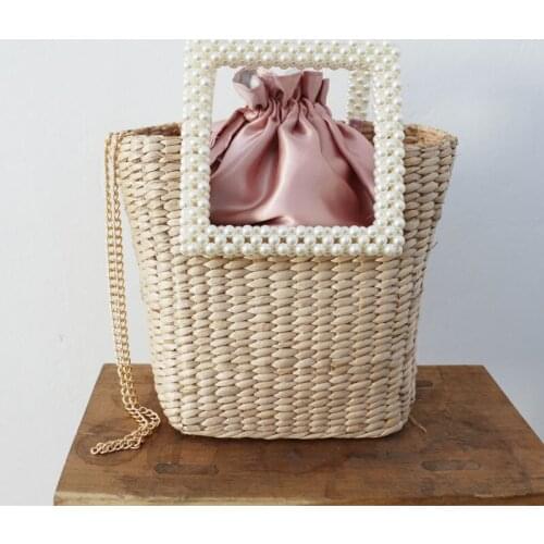 Straw Bag For Women Pearls Small Hand-Woven Handbag 2021 Summer Fashion Chain Beach Crossbody Shoulder Bag Sac A Main X270H