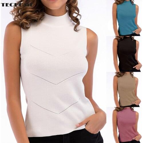 TECHOME Women Round Collar Knitwear Top Turtleneck Sleeveless T-shirt Slim Knitted Vest Female Tee Sweater Vest 2021 Vest
