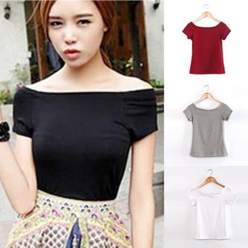 Summer Fashion Sexy off The Shoulder Tops for Women Casual Short Sleeve Cotton T-shirts Black White BY Gray Color