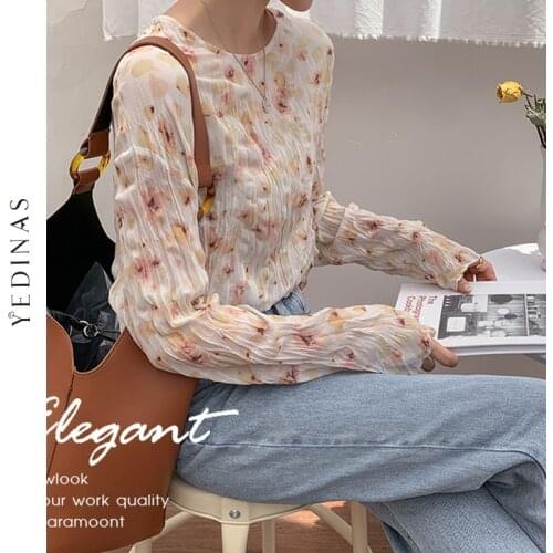 Yedinas Prairie Chic Women Blouse Tops Floral Printed Chiffon Shirts Sweet Flower Blouses Vintage Ladies Shirts Blusas Feminine
