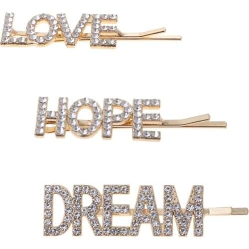 3Pcs/Set Ladies Girl Minimalist Style Hair Clips Metal Alloy Pretty LOVE HOPE DREAM Glitter Rhinestone Hairpins Wedding Barrette