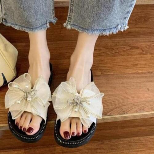 Women Slip On Slippers Ladies Butterfly Knot Lace Casual Shoes Woman PU Leather Crystal Fashion Summer Flats Shoe Female Comfort
