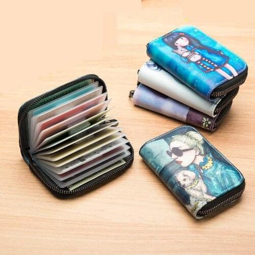 Women Card Holder Wallet PU Leather Female Card Case Cute Characters Card Bag Zero Wallet Purse Anti Magnetic Zipper Card Wallet