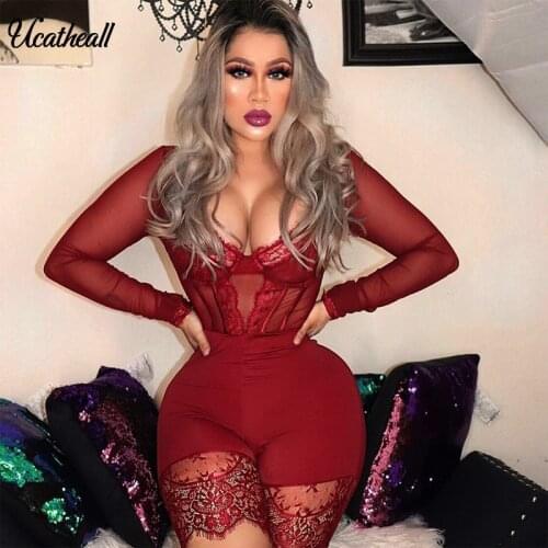 Women Sexy Lace Playsuit Fall Long Sleeve V Neck Rompers Womens Jumpsuits Sexy Hollow Out Party Bodycon Lace Overall