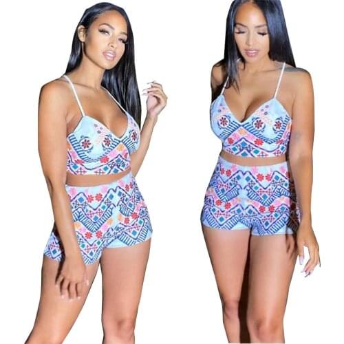 Echoine Summer Women Sets Sleeveless Tracksuits V-Neck Fashion Sexy printing Leisure Two-piece Suit Street Beach Party Outfits