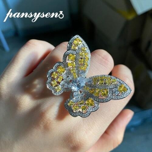 PANSYSEN Charms Butterfly Wedding Party Rings for Women Genuine 925 Sterling Silver Citrine Created Moissanite Ring Wholesale