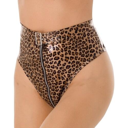 Womens Lingerie Latex Underwear Wet Look PVC High Cut Front Zippered at front with Belt Hot Sexy Briefs Sex Leather Underwear