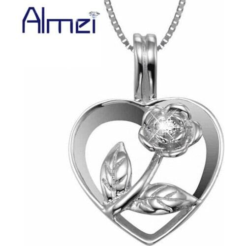 Almei 40% Flower Necklace Women Silver 925 Jewelry Heart Sterling Long Necklaces Pendants Stone Zirconia Chain With Box LN003