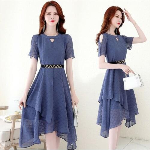 Irregular Hem Chiffon Summer Dress For Women 2021 Fashion O-Neck Short Sleeve Slim Knee-Length Zipper Oversize High Quality