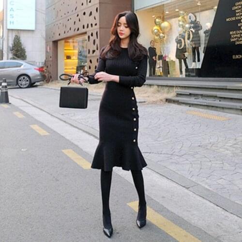 2020 Autumn Winter Black Elegant Midi Knitted Sweater Dress Women Knit Bodycon Ruffles Single Breasted Button Mermaid Dress