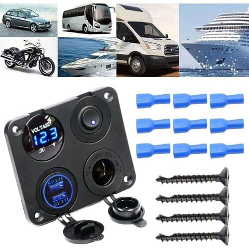 4-in-1 Car Boat Voltmeter Cigarettes Lighter Socket Dual USB Charger Switch Panel Auto Switches Interior Accessories