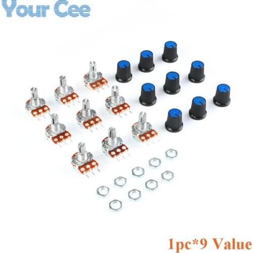 9 PCS(1pc*9 Value) Linear Potentiometer 15mm Shaft With Nuts And Potentiometer Button Cap for 1K 2K 5K 10K 20K 50K 100K 500K 1M