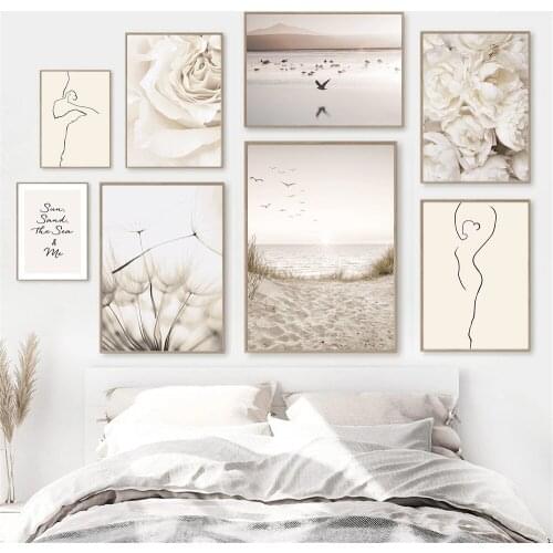 Abstract Dancing Line Print Sand Birds Dandelion Canvas Painting Flower Wall Art Poster Nordic Wall Pictures Living Room Decor