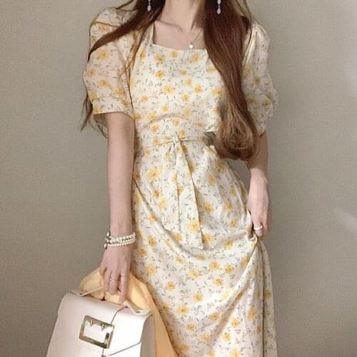 One-Piece Korean Chic WomenS Printed Chiffon Midi Dress 2021 Summer Elegant Square Neck Short Sleeve Office Ladies Casual Dress