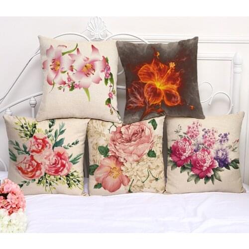 Decorative Pillow Cushion Case Color Flower Painting Pillowcase 17.5 Inch Cotton Linen Chair Seat Throw Pillow Cover P1067