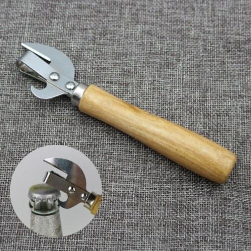 Wooden Handle Manual Can Opener Stainless Steel Canned Knife Tin Can Beer Bottle H58C