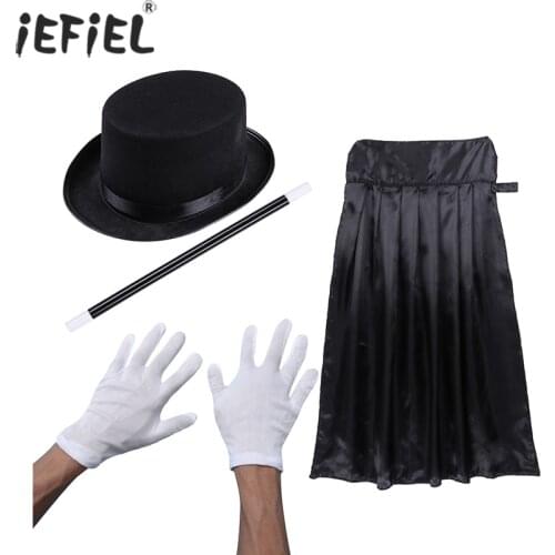 Kid Boy Girl Magician Cosplay Costume Top Hats Cape Magic Wand and White Gloves Sets Children Halloween Carnival Party Dress Up
