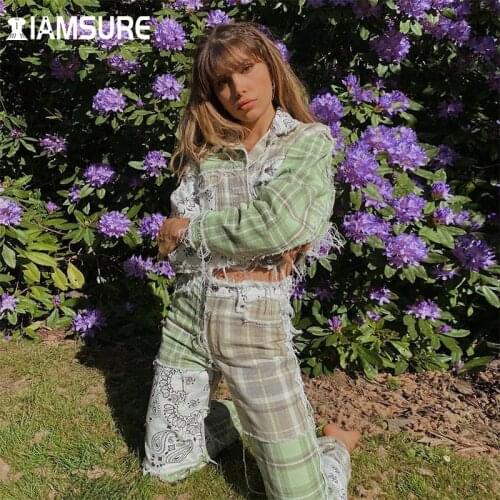 IAMSURE Vintage Light Green Patchwork Plaid Jeans Women 2020 Autumn Winter Cool Mid-Waisted Trousers Casual Holiday Streetwear