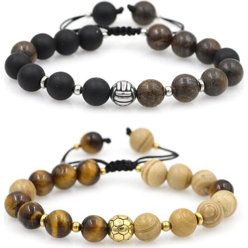 Stainless Steel Sport Balls Natural Tiger Eye Stone Bead Bracelet Lava Stone Bracelets Fashion Braid Bracelet for Women Men