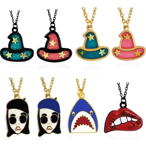 Red Green Star Magic Hat Pendant Necklace Sunglasses girl Sexy red lips shark Fashion Necklace