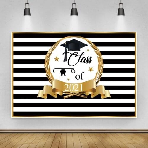 Laeacco Class Of 2021 Graduation Party Decor Photographic Backdrop Gold Ribbon Black And White Stripes Photography Background
