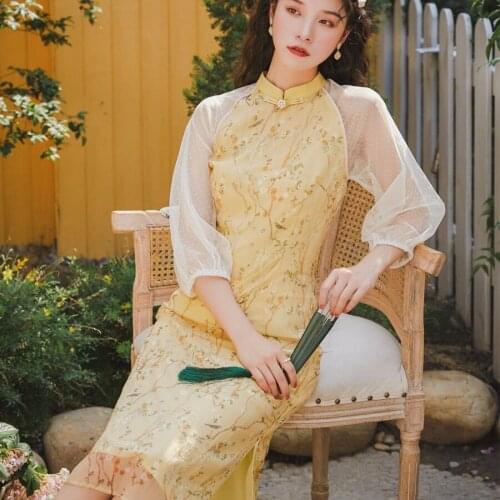 Summer New Womens Art Improved Cheongsam Long Printed Chiffon Waist Long Dress